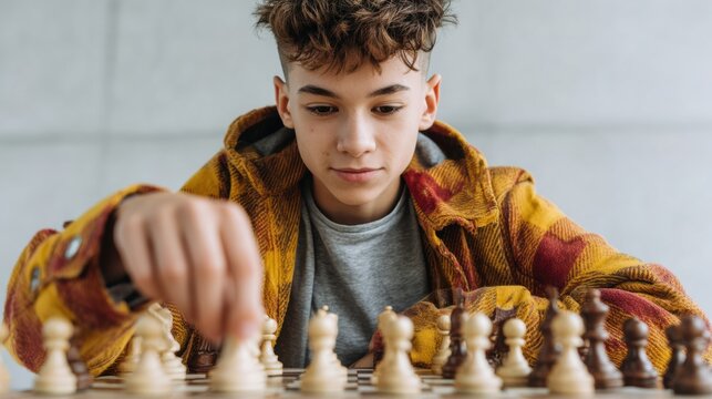 Engaged Teen Boy Playing Chess in Cozy Autumn Jacket Modern Youth Strategy and Focus for Educational and Lifestyle Marketing Content