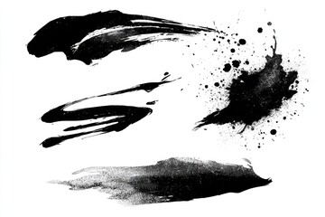 Abstract ink blot and brush strokes on white background