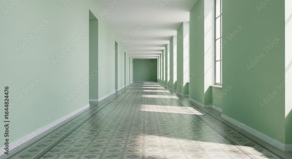 Poster long empty corridor with windows casting bright light on patterned floor