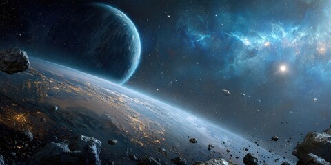 Fototapeta premium Alien planet with asteroids in a nebula