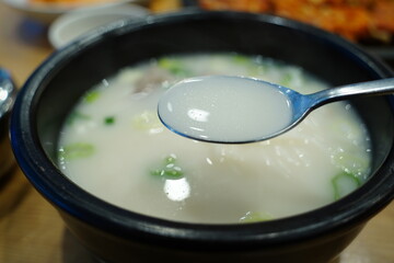 Korean Seolleongtang with Beef and Noodles, Traditional White Broth Soup