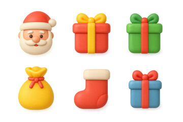 Festive christmas icons in 3d style: santa, gifts, stocking, and more