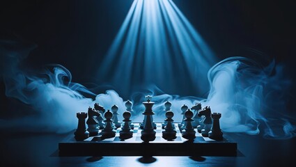 White Chess Pieces in Dramatic Spotlight with Smoke