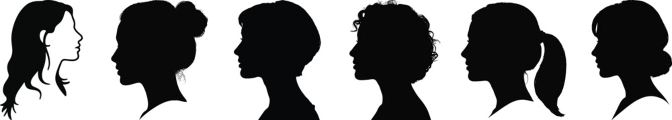 Silhouette vector set of woman head profile and hairstyle collection, black isolated female face icon graphic