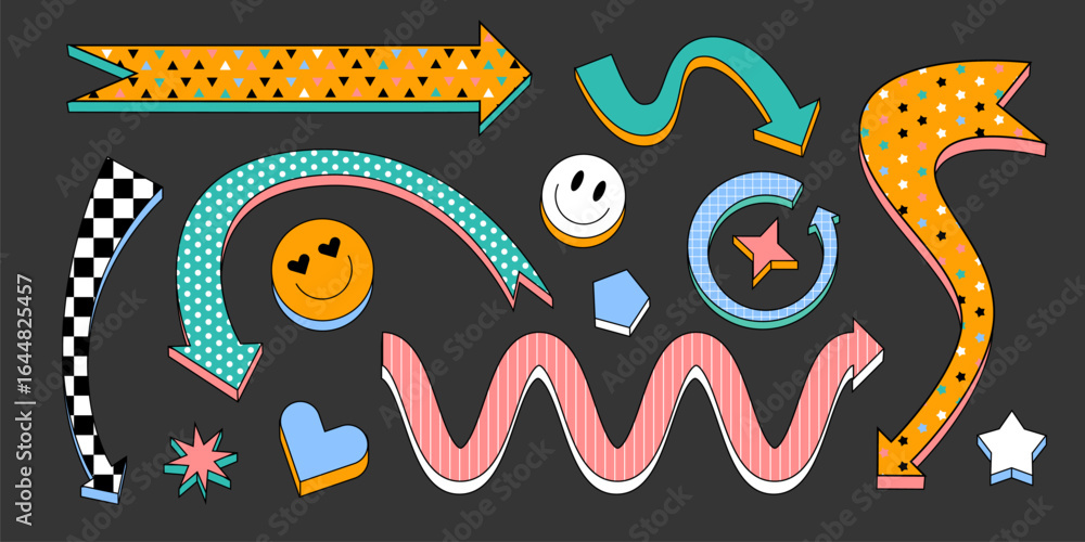 Poster decorative arrows with playful patterns in retro design - curved, wavy and straight pointers decorat