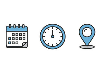 Calendar, clock and location icons isolated on transparent background