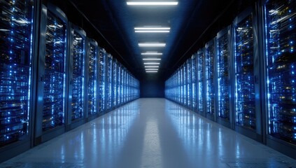 Fototapeta premium Dark server room, rows of glowing metal cabinets, lit by bright blue lights