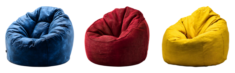 Set of cozy blue, red and yellow bean bag chairs designed for home and leisure isolated on a white or transparent background