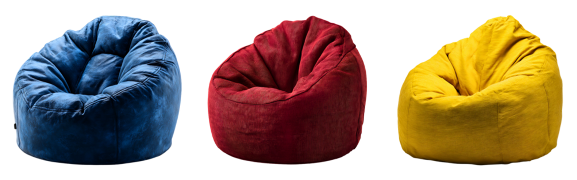 Set of cozy blue, red and yellow bean bag chairs designed for home and leisure isolated on a white or transparent background