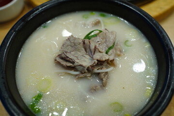 Korean Seolleongtang with Beef and Noodles, Traditional White Broth Soup