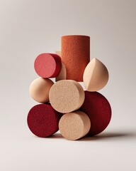 Obraz premium Stacked makeup sponges in various colors and shapes against a neutral background