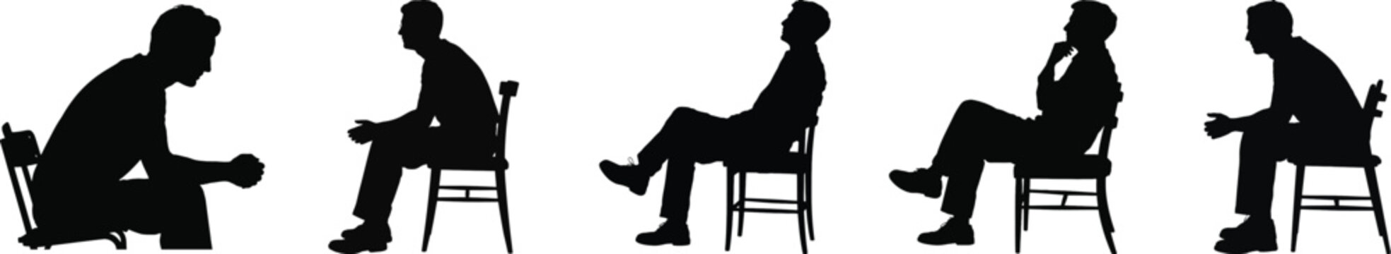 Silhouette vector set of man on chair in waiting, thinking and slouch pose, black isolated office concept