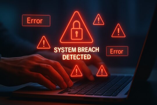 Cybersecurity Alert Interface Showing System Breach Detected with Warning Icons
