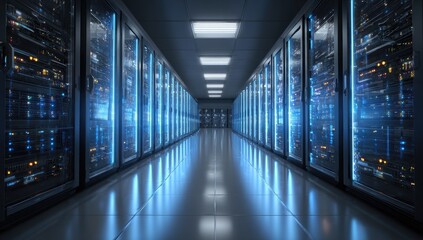 Dark server room hallway, lined with illuminated server racks