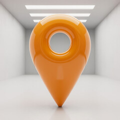 Photo of orange location pin in a modern hallway isolated on white background