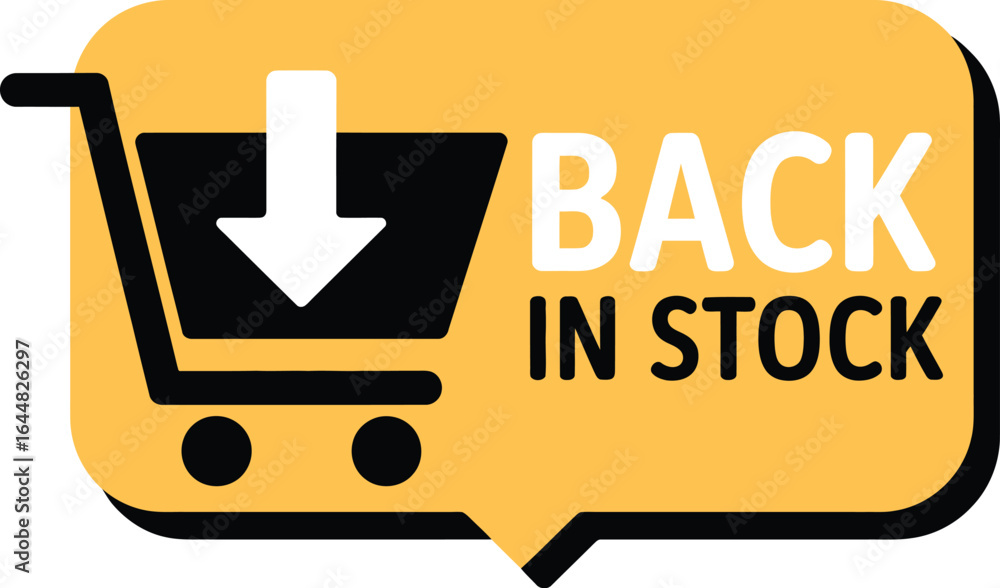 Poster shopping cart icon with back in stock notification and downward arrow