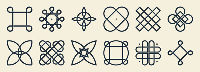 Celtic irish knot symbols set with interwoven patterns and geometric designs for traditional decoration. Endless loops, crosses and floral shapes with interlacing lines for ornamental art or tattoo.