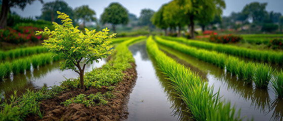 Obraz premium Tranquil rice paddies vibrant green rows