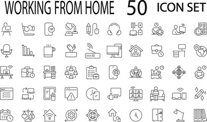 Working from home icon set. Containing remote working, freelance, hybrid work, digital nomad, office, work at home and more. Editable line icons. Vector illustration. 