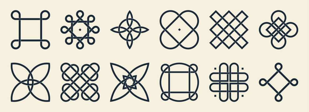 Celtic irish knot symbols set with interwoven patterns and geometric designs for traditional decoration. Endless loops, crosses and floral shapes with interlacing lines for ornamental art or tattoo.