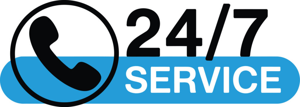 24 7 service icon with phone symbol and blue banner