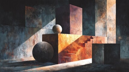 Rust-toned abstract forms, geometric shapes, dramatic lighting