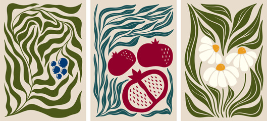 Abstract groovy leaves artwork collection with flowing botanical shapes and berries for modern wall decor. Wavy foliage patterns with pomegranates, daisies and berries with retro colors for posters.