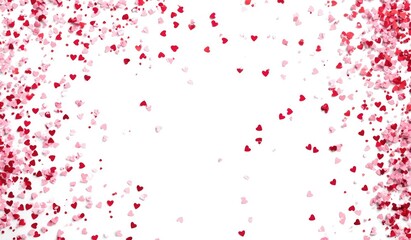 Heart-shaped sprinkles, various shades of pink and red, scattered around a white background, creating a frame