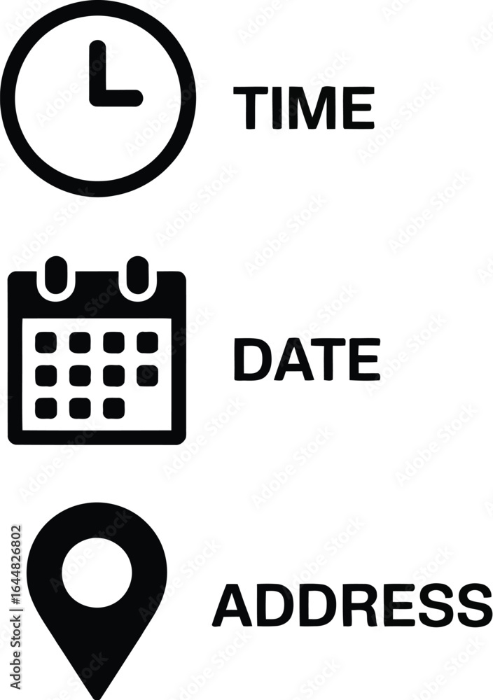 Poster icons representing time date and address for event planning and scheduling
