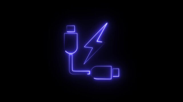 usb cable computer neon glowing light icon animation on black background .4k HD motion video animation .