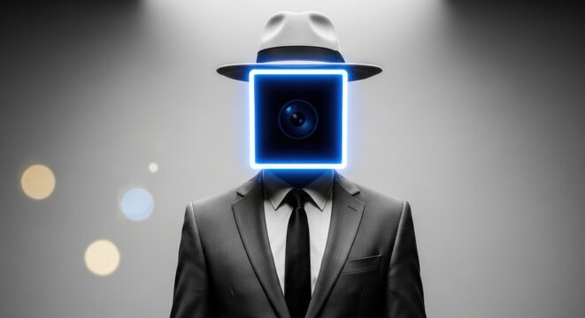 Man in suit with camera-shaped face, white background, dramatic lighting
