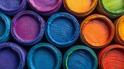Colorful paint containers arranged in a pattern.