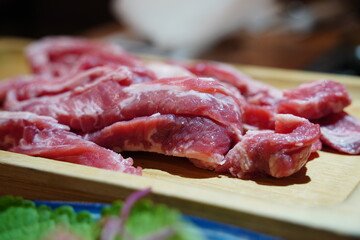 Raw Sliced Pork Belly on Wooden Cutting Board, Fresh Meat