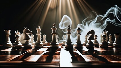 Dramatic Chess Setup with Smoky Atmosphere