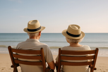 Elderly couple wearing straw hat sitting on wooden chair at beach enjoying peaceful business review with calm sea and clear sky in background