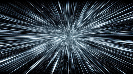 Hyperspace jump with streaks of light creating dynamic sense of speed and motion in dark cosmic background