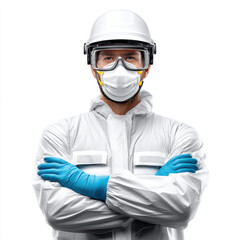 Protective gear safety equipment medical professional face mask gloves helmet white suit health worker serious expression isolation