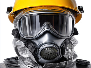 Protective clothing safety helmet gas mask industrial worker personal protective equipment safety gear close up isolated
