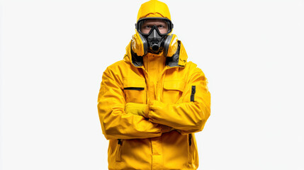 Person in bright yellow hazmat suit and respirator stands confidently with arms crossed, showcasing safety and protection