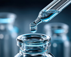 Glass pipette transfers small drop of liquid into clear vial, showcasing precision and clarity in laboratory settings