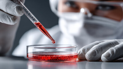 Focused microbiologist in sterile lab attire carefully adding red liquid to petri dish, showcasing precision and dedication in scientific research