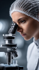 Focused medic in uniform meticulously examining sample under microscope, showcasing dedication and precision in laboratory setting