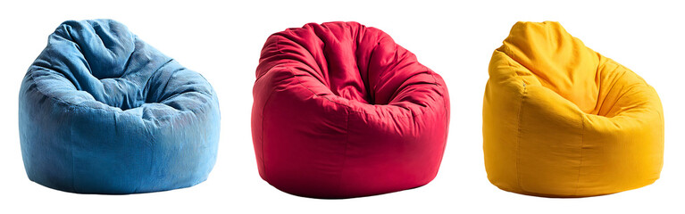 Collection of modern blue, red and yellow bean bag chairs for stylish interiors isolated on a white or transparent background