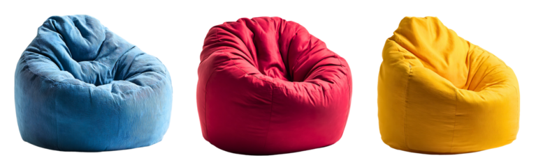 Collection of modern blue, red and yellow bean bag chairs for stylish interiors isolated on a white or transparent background