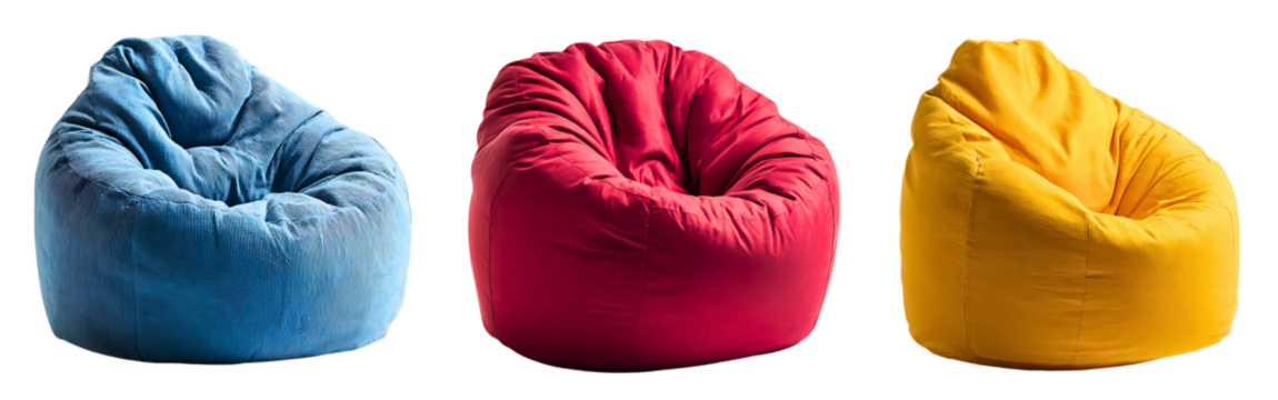 Collection of modern blue, red and yellow bean bag chairs for stylish interiors isolated on a white or transparent background