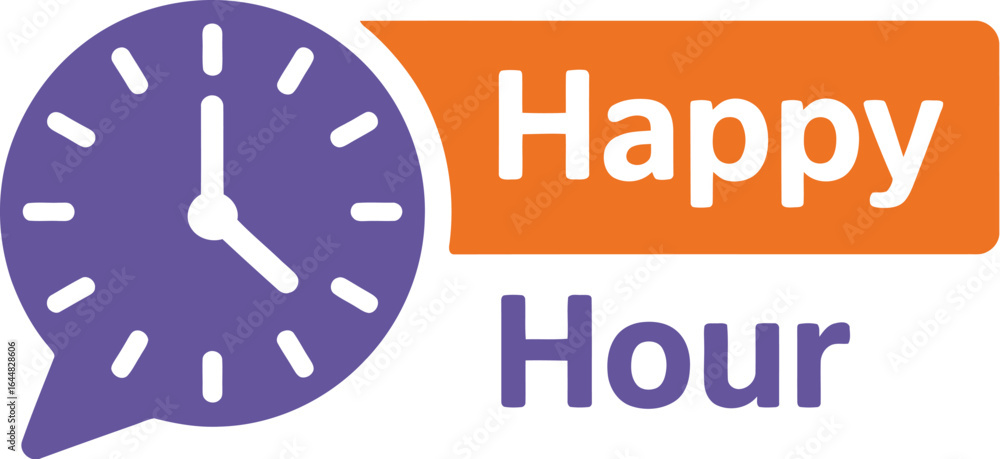 Poster happy hour concept with a speech bubble clock icon and orange text