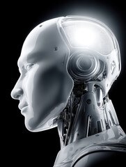 Futuristic robot head with glowing sensors, showcasing advanced technology and sleek design, evokes sense of innovation and curiosity