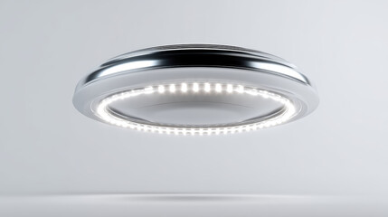 Futuristic silver spaceship with glowing lights, hovering in minimalist environment, evokes sense of advanced technology and innovation