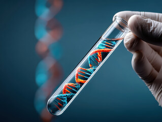 Gloved hand holding clear test tube containing colorful DNA strands, symbolizing scientific research and genetic studies