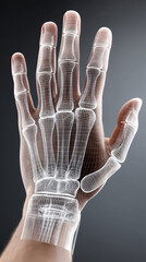 Detailed 3D rendering of human hand showcasing skeletal structure, emphasizing bones and joints transparent design. This illustrates complexity